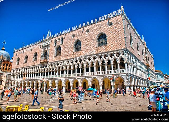 VENICE, ITALY - JUN 2014: The St. Mark#39;s Square, Piazza San Marco, with Campanile and Doge#39;s Palace on June 9, 2014 in Venice, Italy, HDR