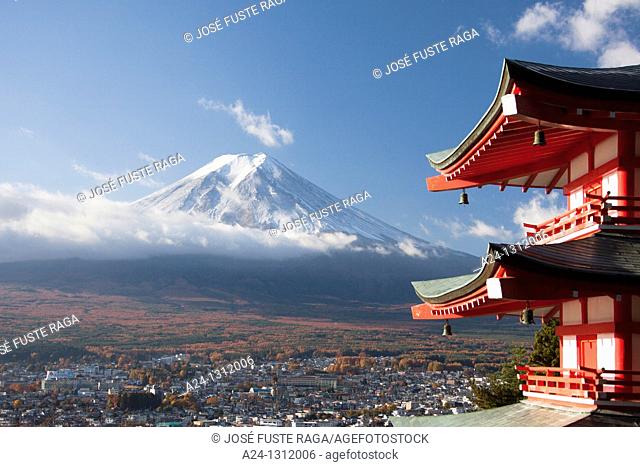 Japan, Fujiyoshida City, Churieto Pagoda and Mount Fuji