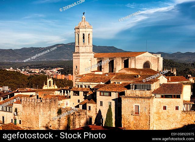 Gerona city historic architecture, Old Town with Cathedral of Saint Mary of Girona