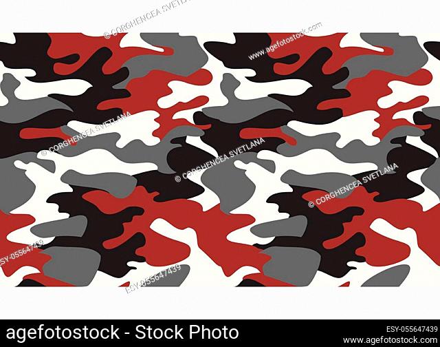 Seamless camouflage pattern background vector.Classic clothing style masking camo repeat print.Red black grey white colors texture design for virtual background