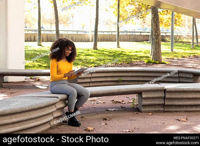 Afro woman using digital tablet while sitting on stone bench in public park