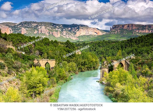 Destroyed Bridge over the River Gallego in the Spanish Pyrenees, Huesca province, Spain, Europe