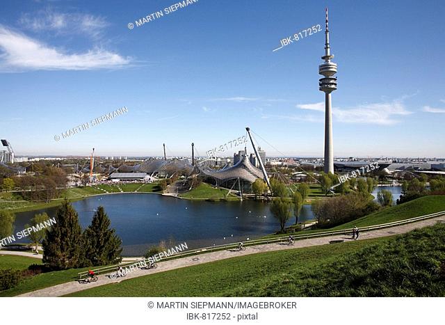 TV tower, Olympia Tower and Olympiahalle in Olympic Park, with the BMW building in the background, Munich, Bavaria, Germany, Europe
