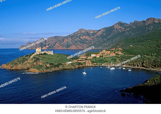 France, Corse du Sud, Osani, peninsula and Genoese fort of Girolata dated 1550, south of the Scandola Reserve, listed as World Heritage by UNESCO