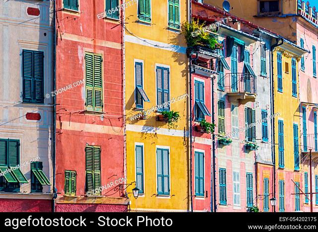 Architecture of Portofino, in the Metropolitan City of Genoa on the Italian Riviera in Liguria, Italy