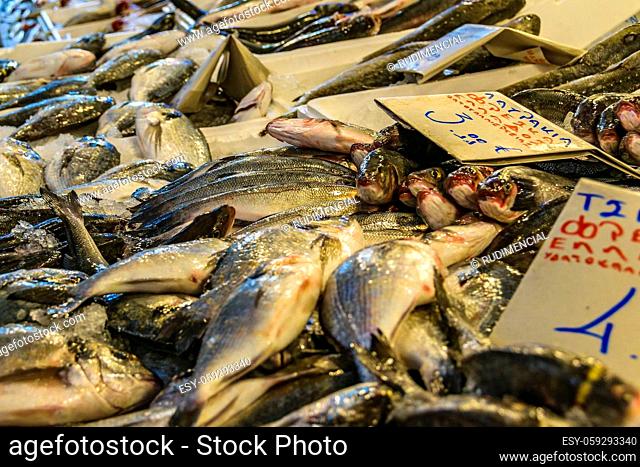 Fish on sale at traditional central market at athens city, greece