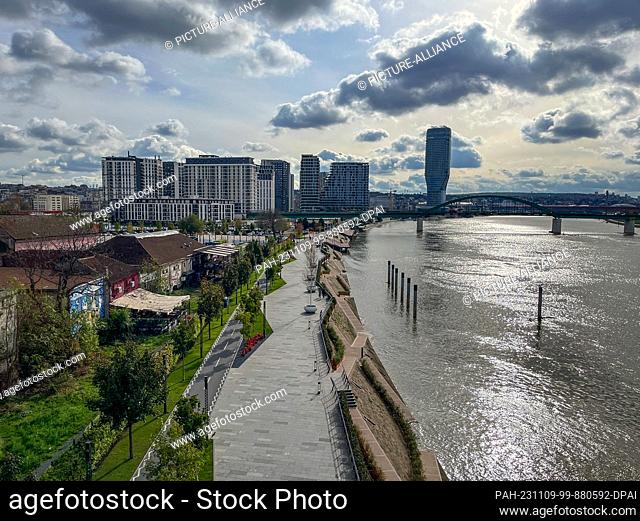 08 November 2023, Serbia, Belgrad: View of the new buildings of the ""Belgrade Waterfront"", a newly built district directly on the Sava in the Serbian capital