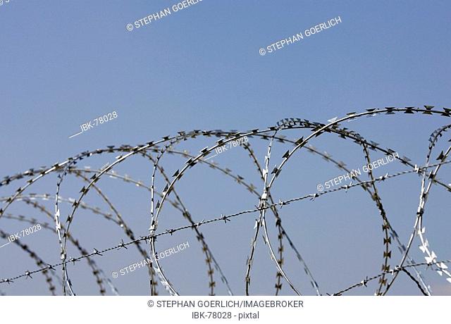 Munich, GER, 30. Aug. 2005 - Barbed wire on a fence at Munich airport