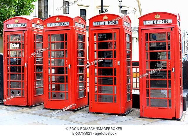 Red telephone boxes in the city of London, London region, England, United Kingdom
