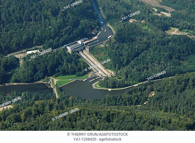 Aerial view of Saint Louis Arzviller inclined plane used to cross boats over Vosges mountains and doing connection with the two mains river Marne and Rhine