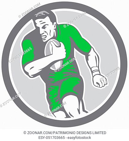 Illustration of a rugby player holding ball running charging set inside circle on isolated background done in retro style