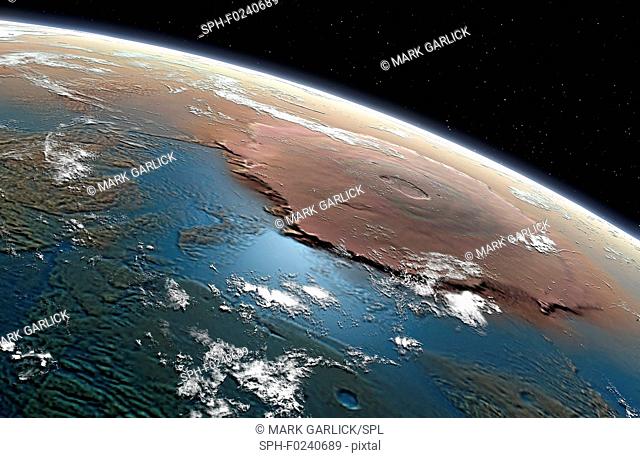 A vision of the planet Mars covered in water in the ancient past, when its atmosphere was thicker and warmer. This shows a view over the massive Olympus Mons