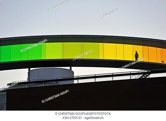 the installation ''Your rainbow panorama'', a circular skywalk with windows in the colors of the rainbow (by Olafur Eliasson