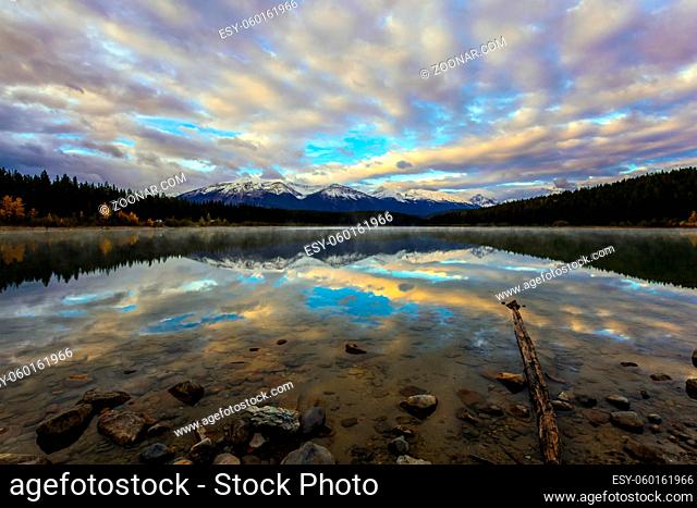 Majestic lake Patricia at sunrise.Jasper National Park. Rocky Mountains of Canada. The concept of active, northern and photo tourism