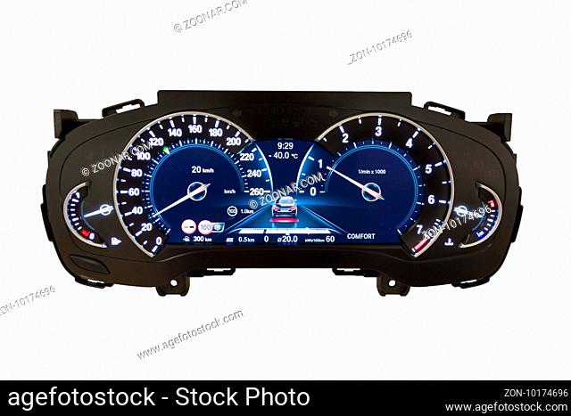 Dashboard and digital display of a modern car, mileage, fuel consumption, speedometer. New and colorful light indicators isolatred on a white background