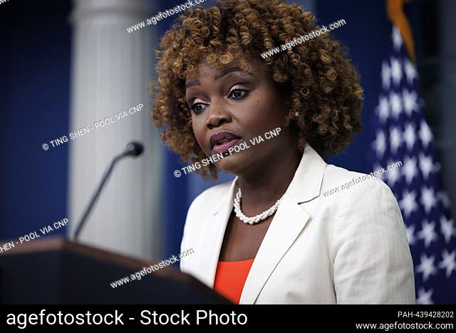 Karine Jean-Pierre, White House press secretary, speaks during a news conference in the James S. Brady Press Briefing Room at the White House in Washington, DC