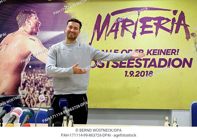 The rapper Materia fromÂ Rostock informs about his concert in the venue of the soccer club FC Hansa Rostock during a press conference in the Ostseestadion (lit