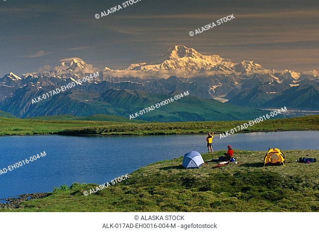 Hikers @ Camp near Tundra Pond Denali SP SC AK Summer/nw/Mt McKinley background