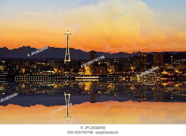 Seattle Washington Downtown City Skyline from Alki Beach at Sunrise