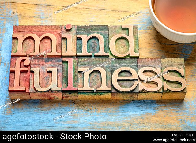 mindfulness word abstract or banner - awareness concept - text in letterpress wood type printing blocks against rustic wood