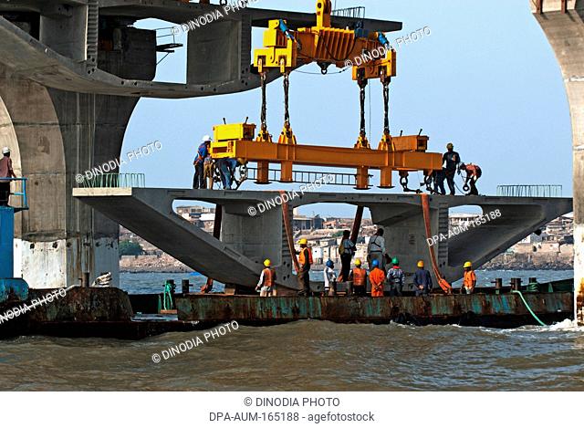 Giant iron truss used to lift last block in construction Bandra Worli Sea link at Worli Bombay Mumbai ; Maharashtra ; India 28-April-2009