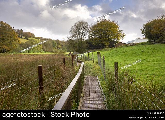A fenced lined footpath and boardwalk through soggy farmland in the Barle Valley at Withypool in Exmoor National Park, Somerset, England
