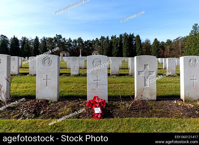 Becklingen, Germany - April 2, 2018: Gravestones at the British War Cemetery in Becklingen