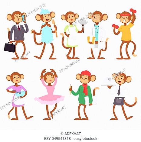 Monkey like people smiling nature different professions. Playful mammal funny character vector set. Happy wild animals jungle zoo collection with playful safari...