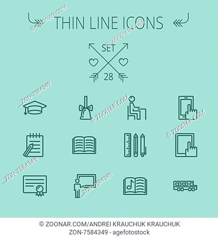 Education thin line icon set for web and mobile. Set includes- graduation cap, bell, notepad, bus, certificate, tablet, blackboard, books, workplace icons