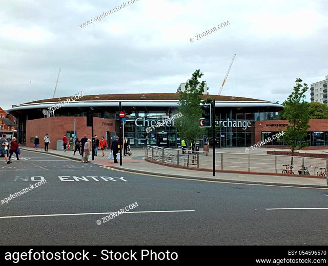 chester, cheshire, united kingdom - 7 september 2019: people walking outside the transport interchange building in chester