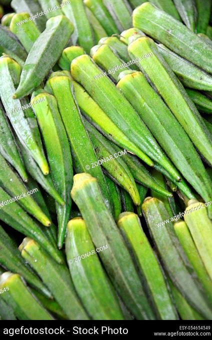 Raw green Okra on display at Vegetable and Fruit Stall of Local Market at Little India, Singapore