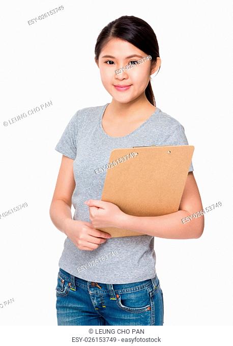 Asian Young Woman hold with clipboard