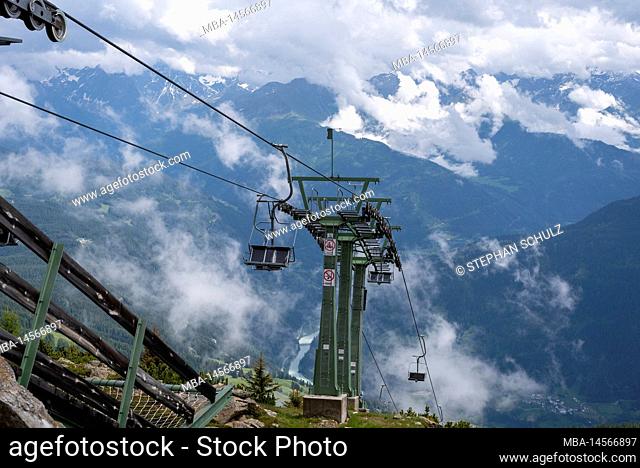 Venet mountain railroad, chairlift, European long-distance hiking trail E5, Alpine crossing, Zams, Tyrol, Austria
