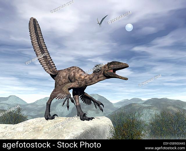 Deinonychus dinosaur roaring head up on a rock -3D render