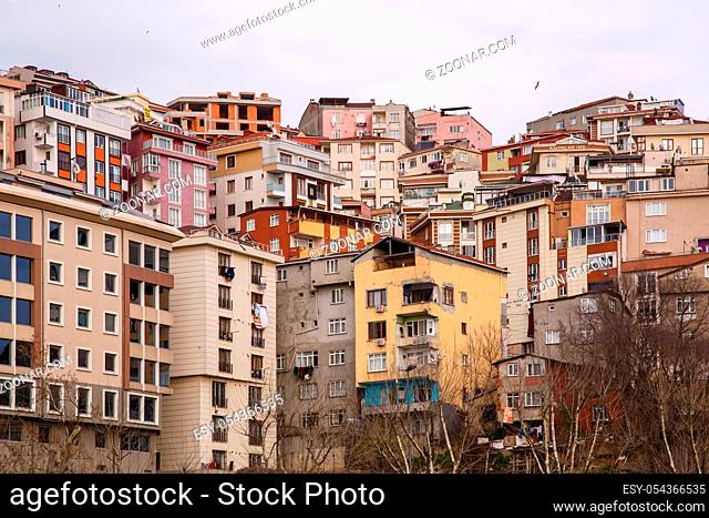 Istanbul, Turkey - March 23, 2019: Roof terraces in Sultanahmet district of Istanbul, Istanbul street