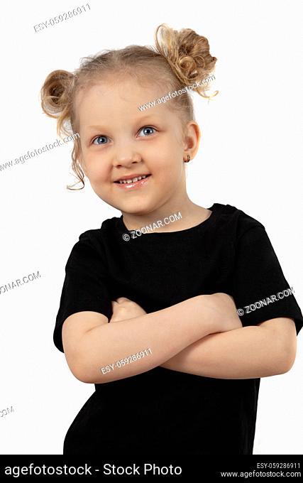 Little blonde girl with a smile on a white background
