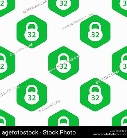 Vector image of dumbbell and number 32 in hexagon, repeated on white background