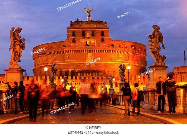 castle saint Angelo and bridge at blue night, Rome, Italy
