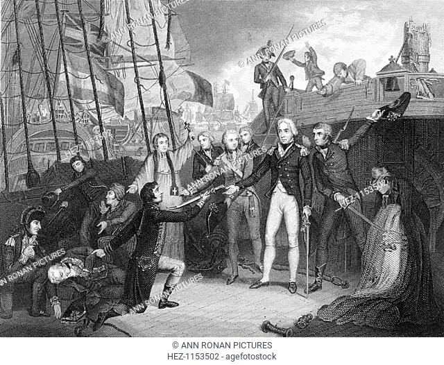 Surrender of the Spanish ship 'San Josef' after the Battle of Cape St Vincent, 1797. Nelson accepting the surrender of the Spanish admiral's sword on board the...