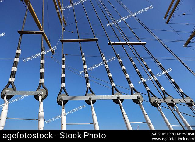 08 September 2021, Hamburg: A large number of aunts can be seen on the four-masted barque ""Peking"". On the occasion of the first anniversary of the arrival of...