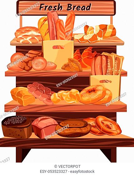 Colorful hand drawn bakery shop concept with different types of fresh bread lying on rack isolated vector illustration