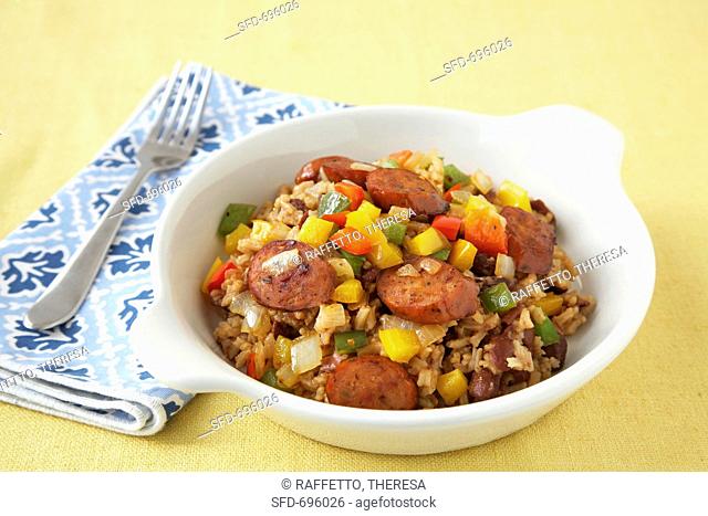 Cajun Sausage and Peppers with Rice in a White Bowl