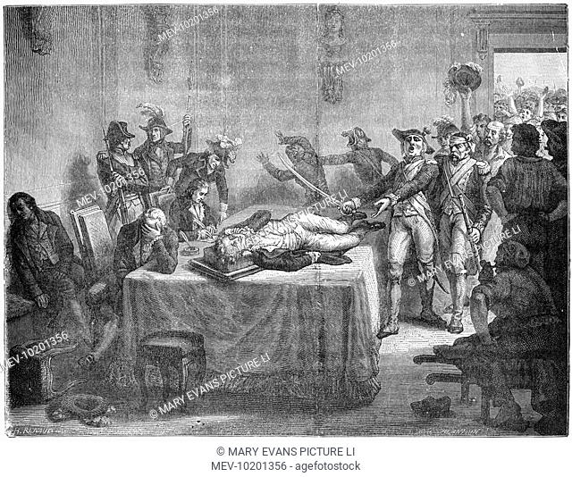 Amidst widespread confusion, Robespierre and his supporters are arrested : he himself is wounded in the chin, his brother jumps from a window