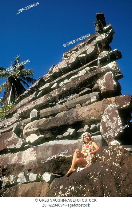 Nan Douwas, the main structure at Nan Madol, an ancient social, political and religious complex constructed of basalt columns between 1100-1500 AD; (with...