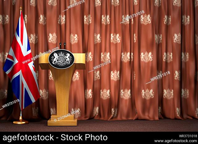 Podium speaker tribune with flags of Great Britain and UK coat of arms. Briefing or press conference of prime minister or queen of UK Great Britain