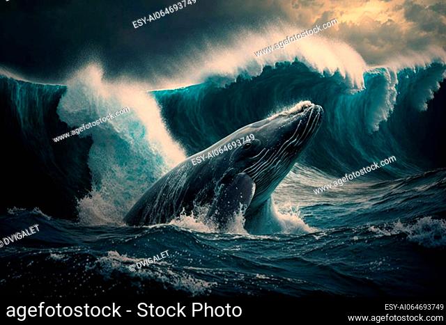 Whale surfacing from the ocean during a storm