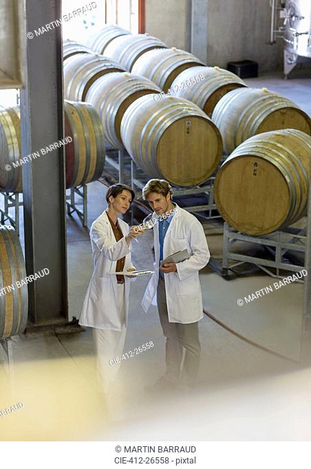 Vintners in lab coats examining wine in winery cellar