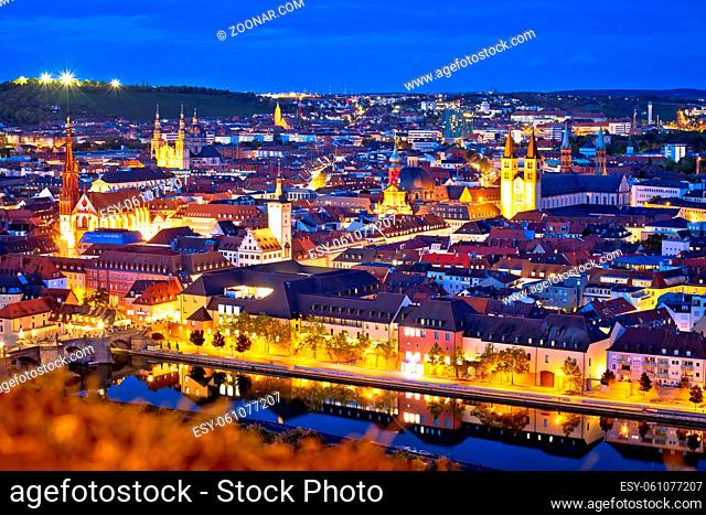 Old town of Wurzburg and Main river evening view from above, Bavaria region of Germany