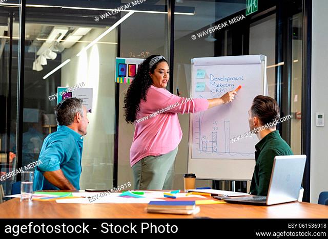 Young biracial businesswoman explaining business plan to colleagues over flipchart in meeting
