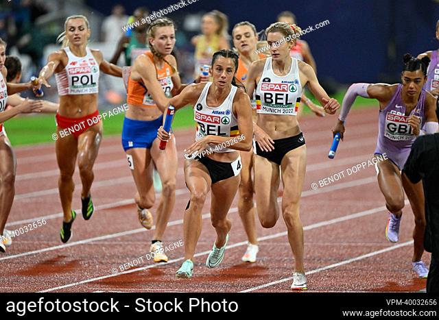 Belgian Camille Laus and Belgian Helena Ponette pictured in action during the heats of the women's 100m hurdles race at the European Championships athletics